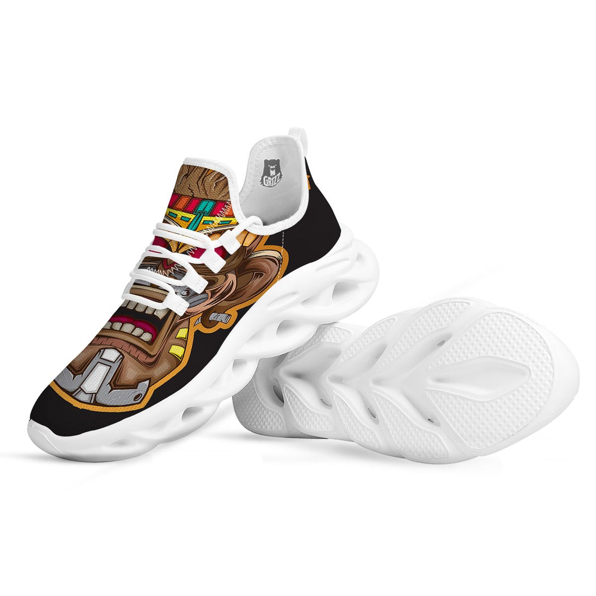 Totem Tiki Print White Running Shoes-grizzshop