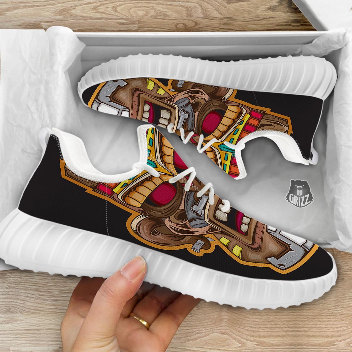 Totem Tiki Print White Walking Shoes-grizzshop