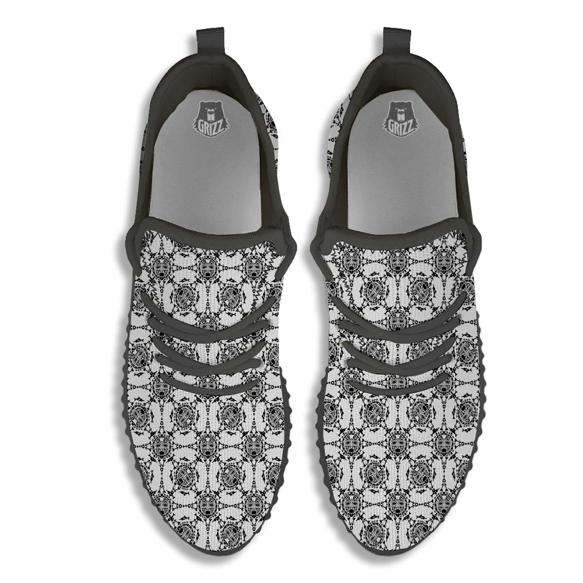 Totem White And Black Print Pattern Black Walking Shoes-grizzshop