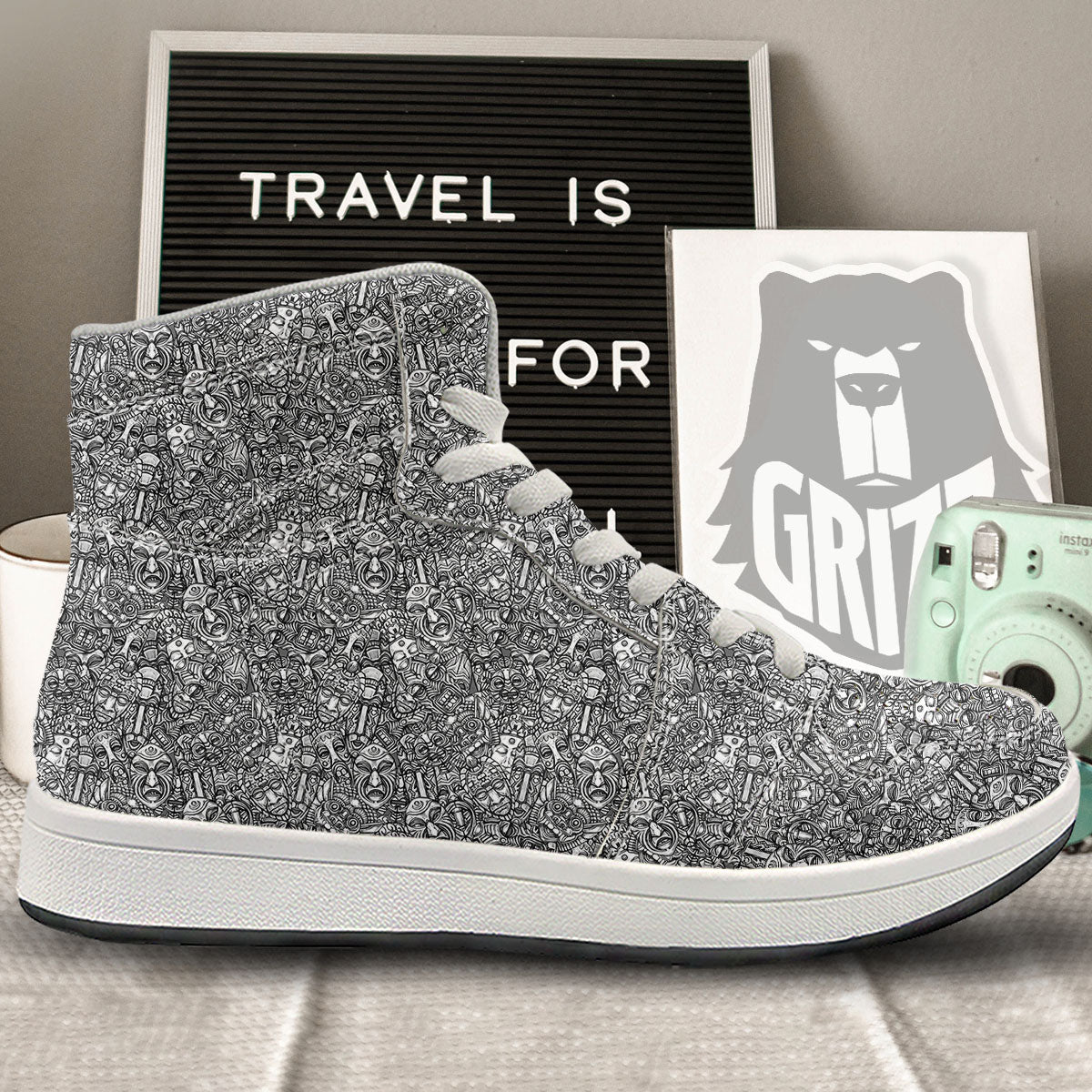 Totem White And Grey Print Pattern High Top Sneakers-grizzshop