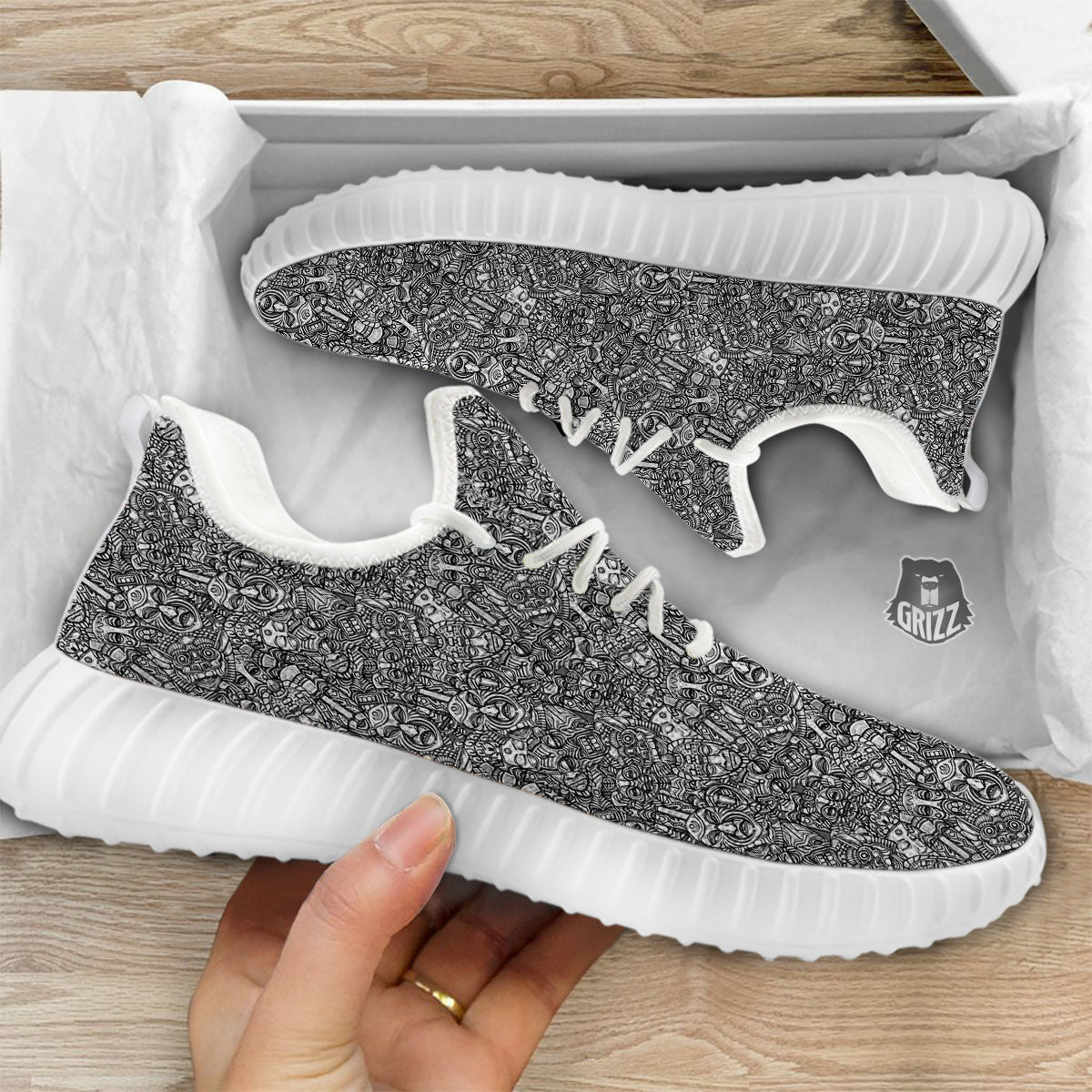 Totem White And Grey Print Pattern White Walking Shoes-grizzshop