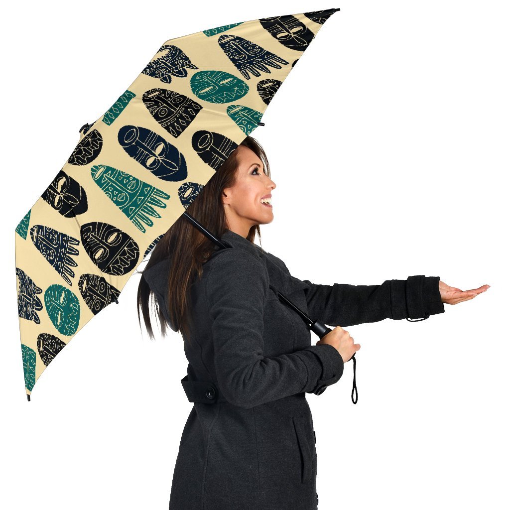 Totem Mask Print Pattern Automatic Foldable Umbrella-grizzshop