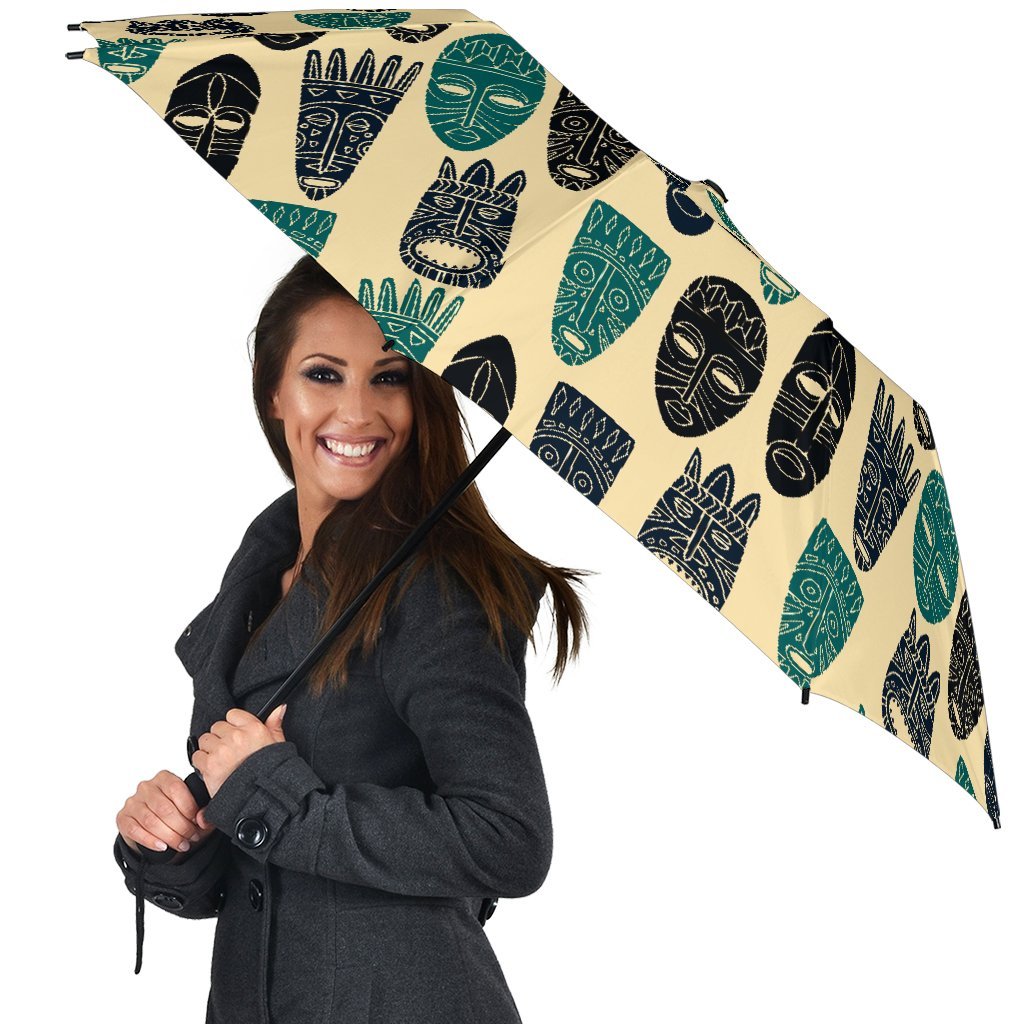 Totem Mask Print Pattern Automatic Foldable Umbrella-grizzshop
