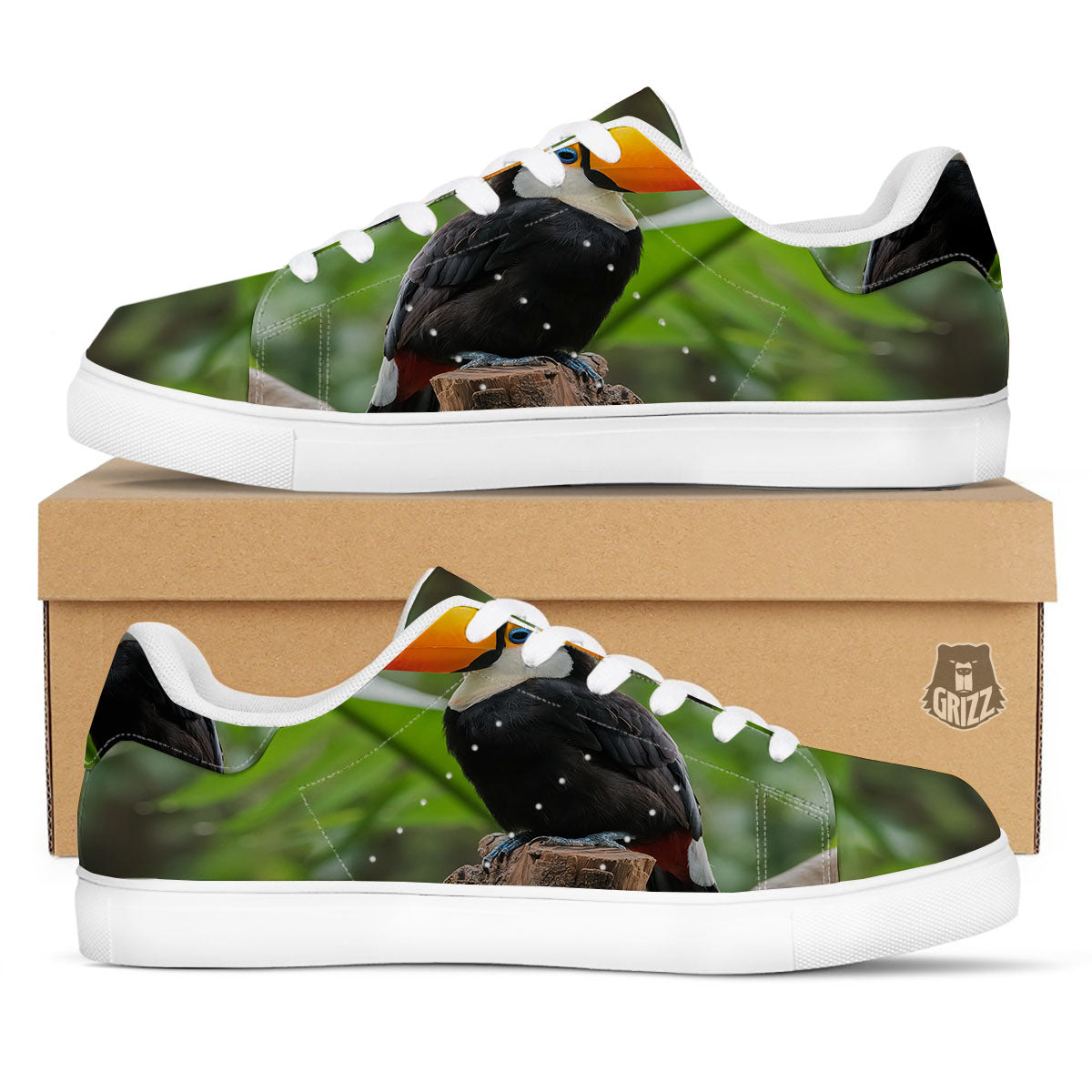 Toucan Aloha Keel-Billed Print White Low Top Sneakers-grizzshop