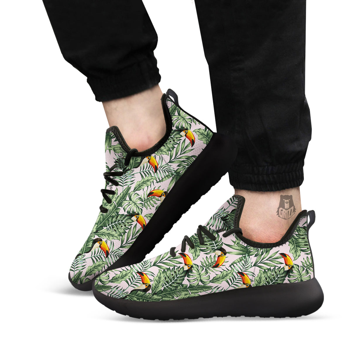 Toucan And Tropical Palm Leaf Print Black Athletic Shoes-grizzshop