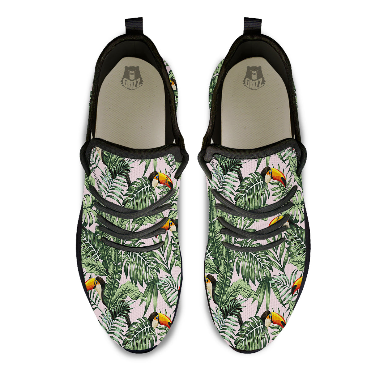 Toucan And Tropical Palm Leaf Print Black Athletic Shoes-grizzshop