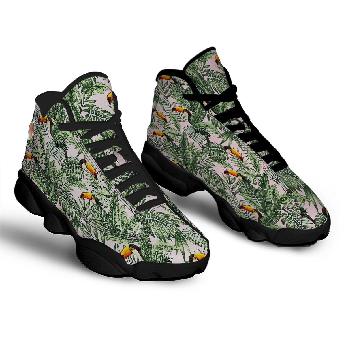 Toucan And Tropical Palm Leaf Print Black Basketball Shoes-grizzshop