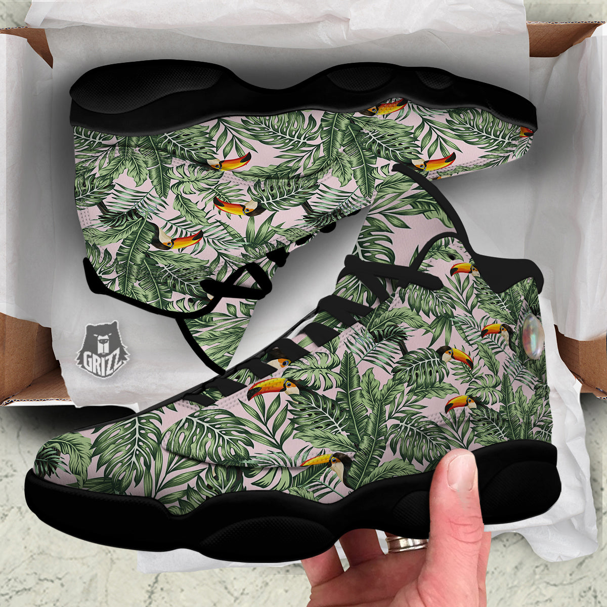 Toucan And Tropical Palm Leaf Print Black Basketball Shoes-grizzshop