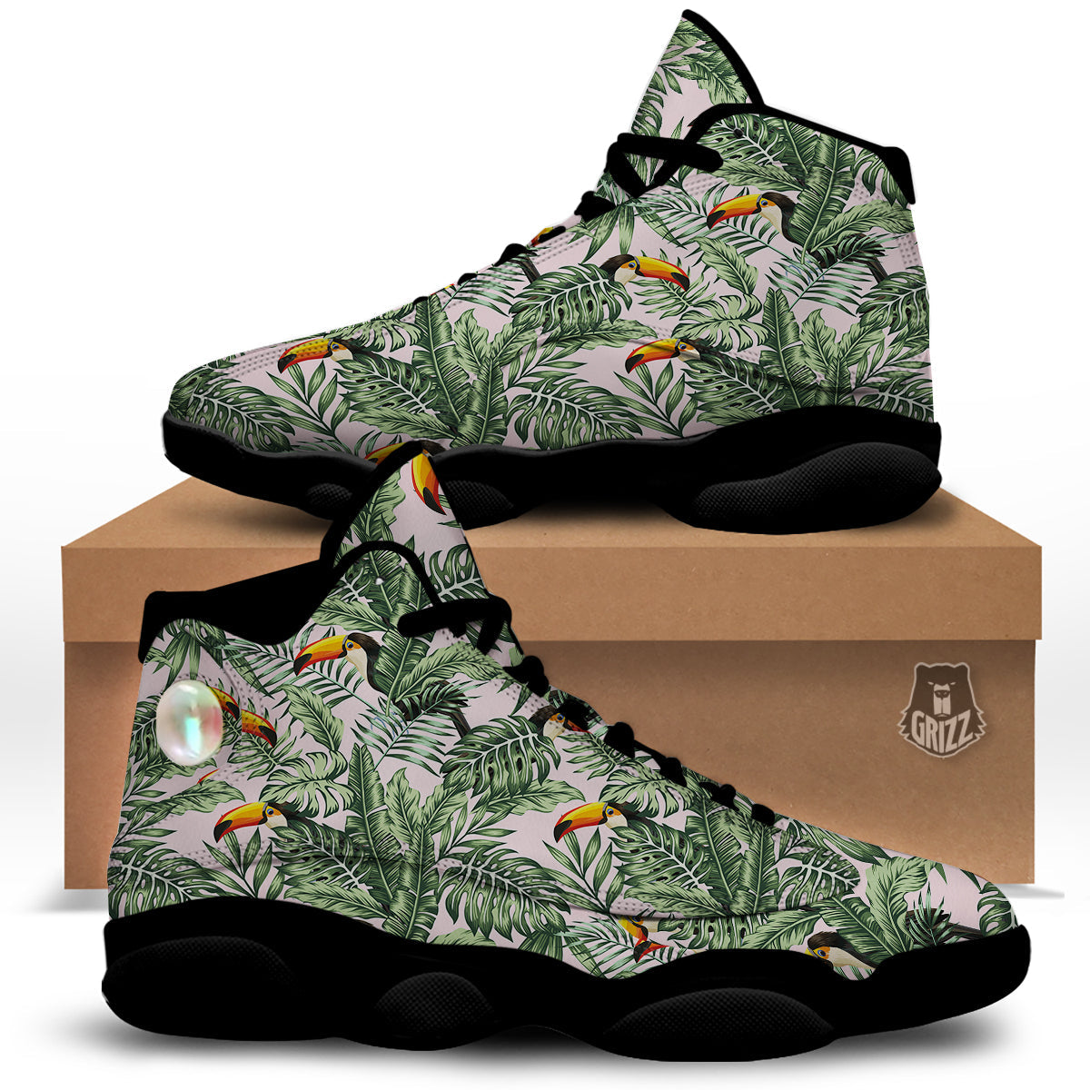 Toucan And Tropical Palm Leaf Print Black Basketball Shoes-grizzshop