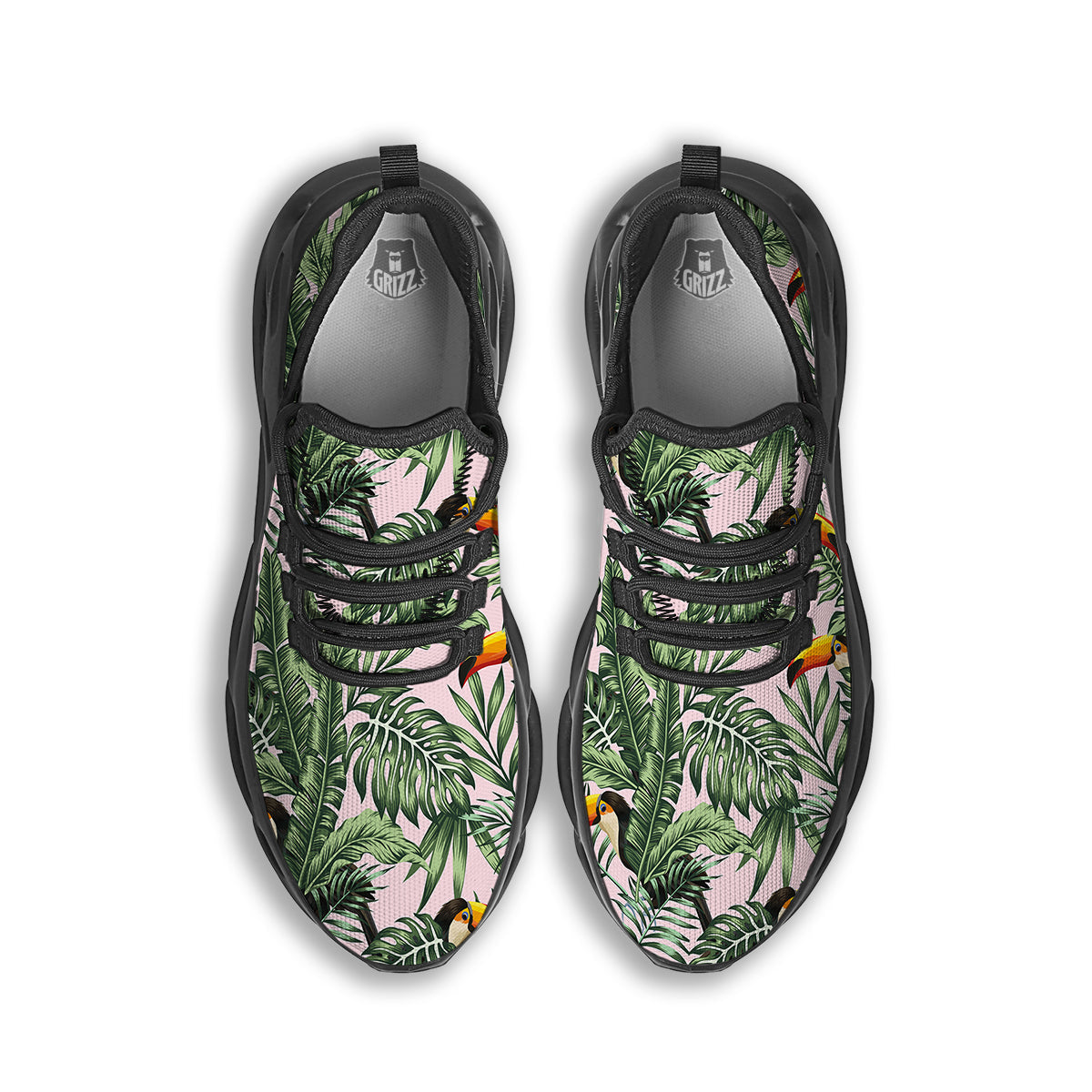 Toucan And Tropical Palm Leaf Print Black Running Shoes-grizzshop
