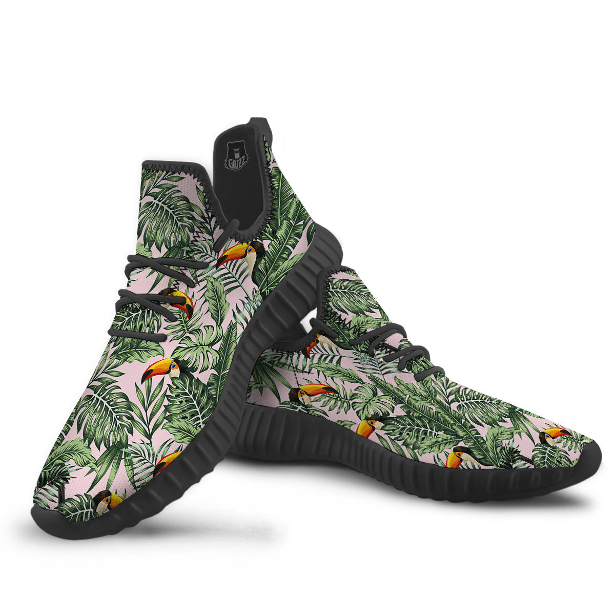 Toucan And Tropical Palm Leaf Print Black Walking Shoes-grizzshop