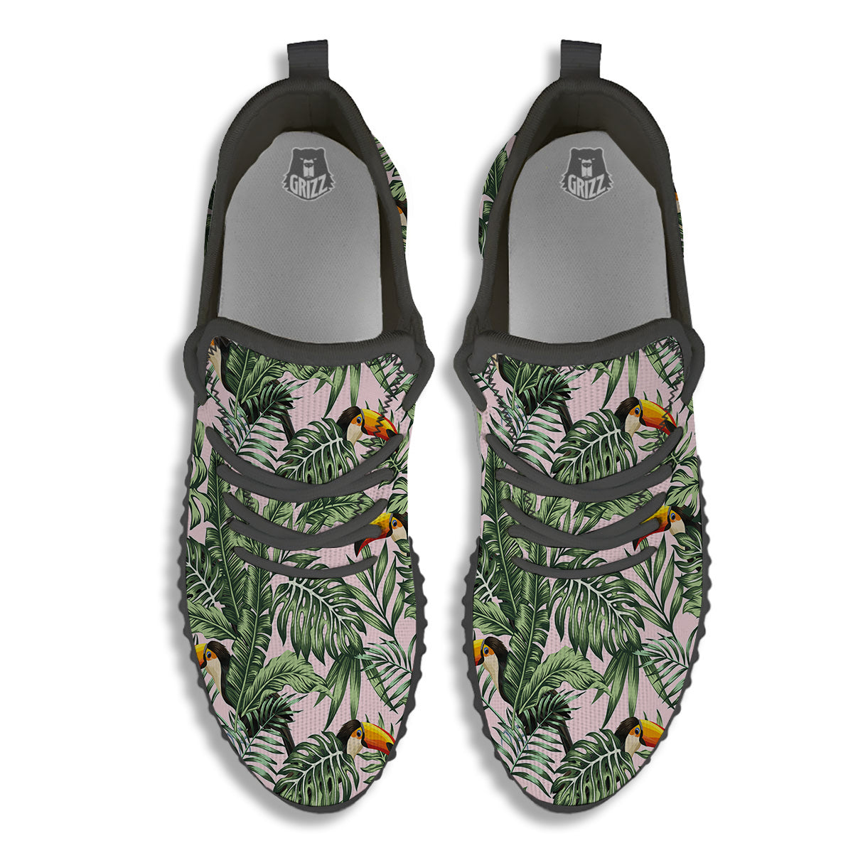 Toucan And Tropical Palm Leaf Print Black Walking Shoes-grizzshop