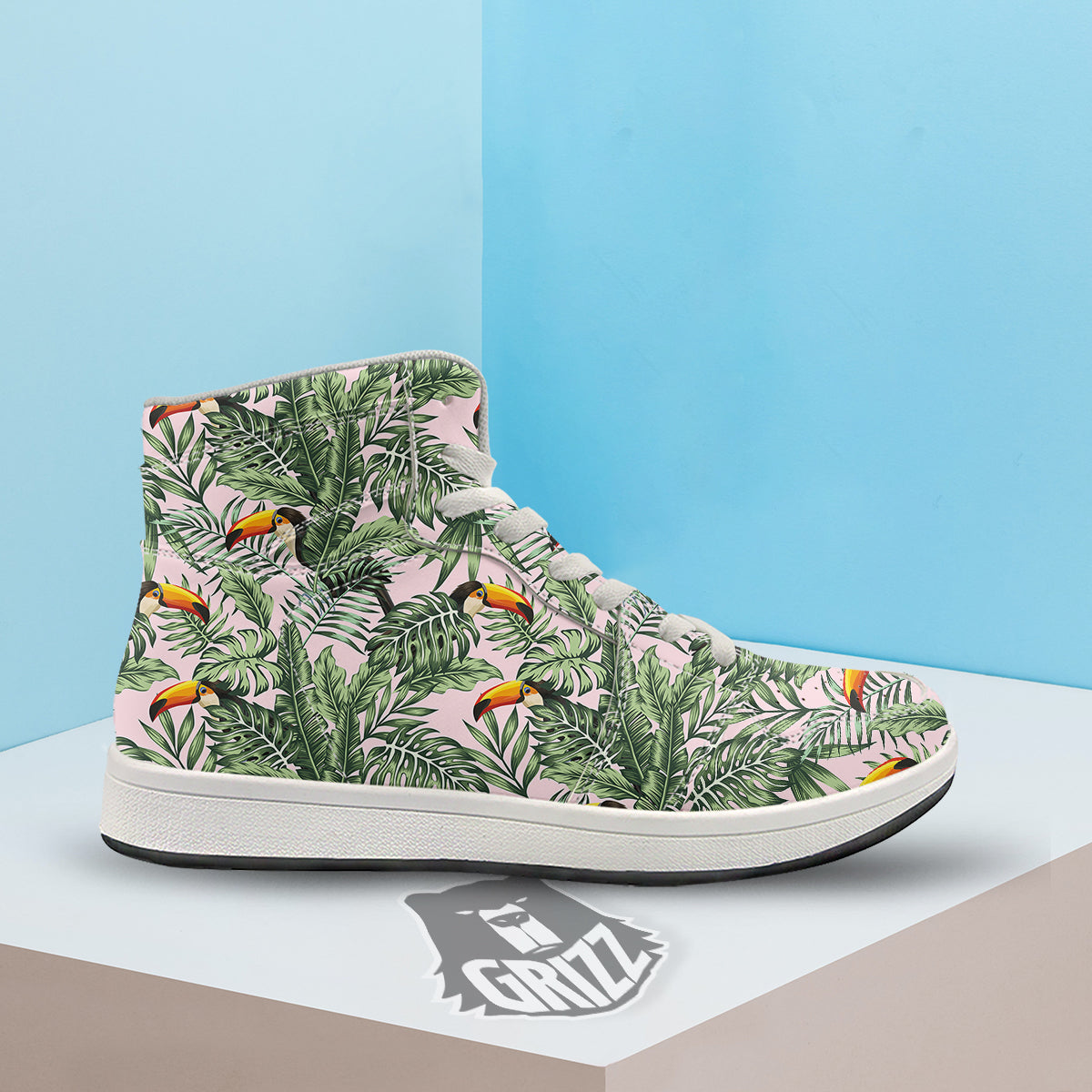 Toucan And Tropical Palm Leaf Print High Top Sneakers-grizzshop