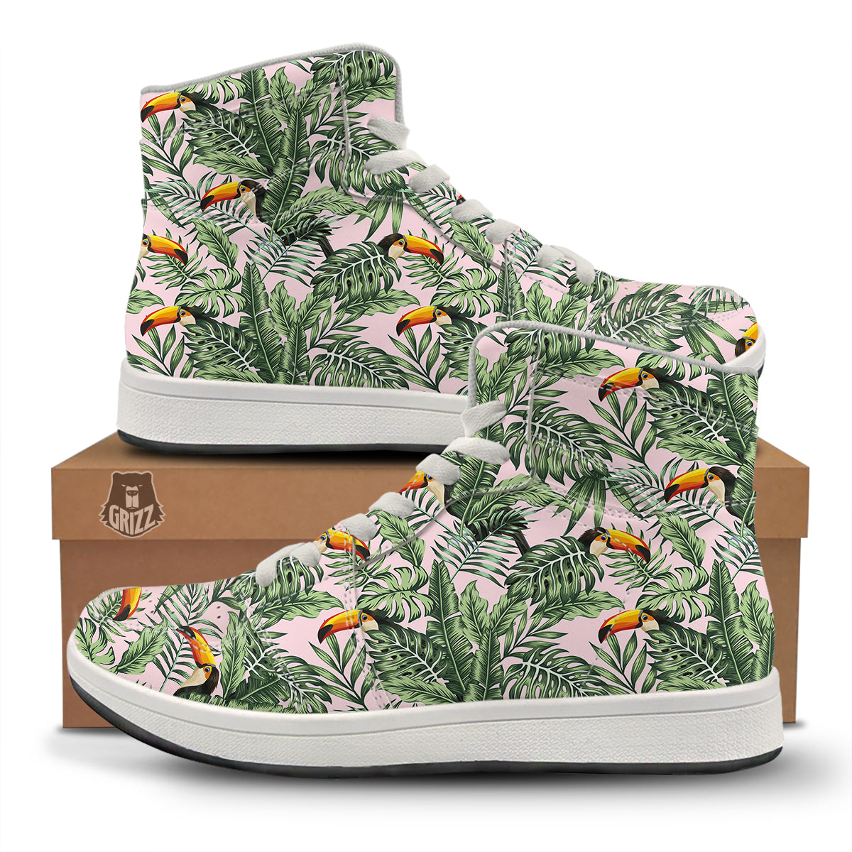 Toucan And Tropical Palm Leaf Print High Top Sneakers-grizzshop
