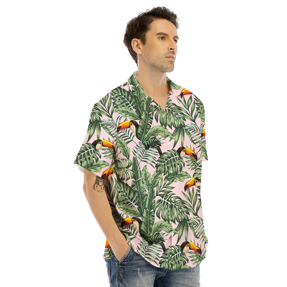 Toucan And Tropical Palm Leaf Print Men's Hawaiian Shirt-grizzshop