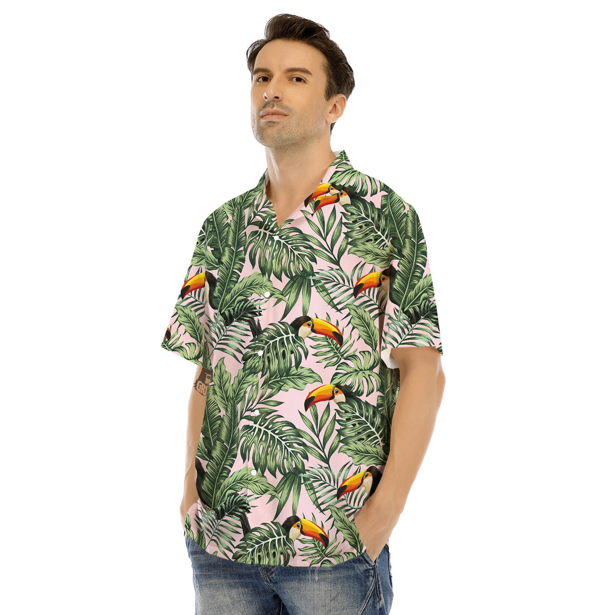 Toucan And Tropical Palm Leaf Print Men's Hawaiian Shirt-grizzshop