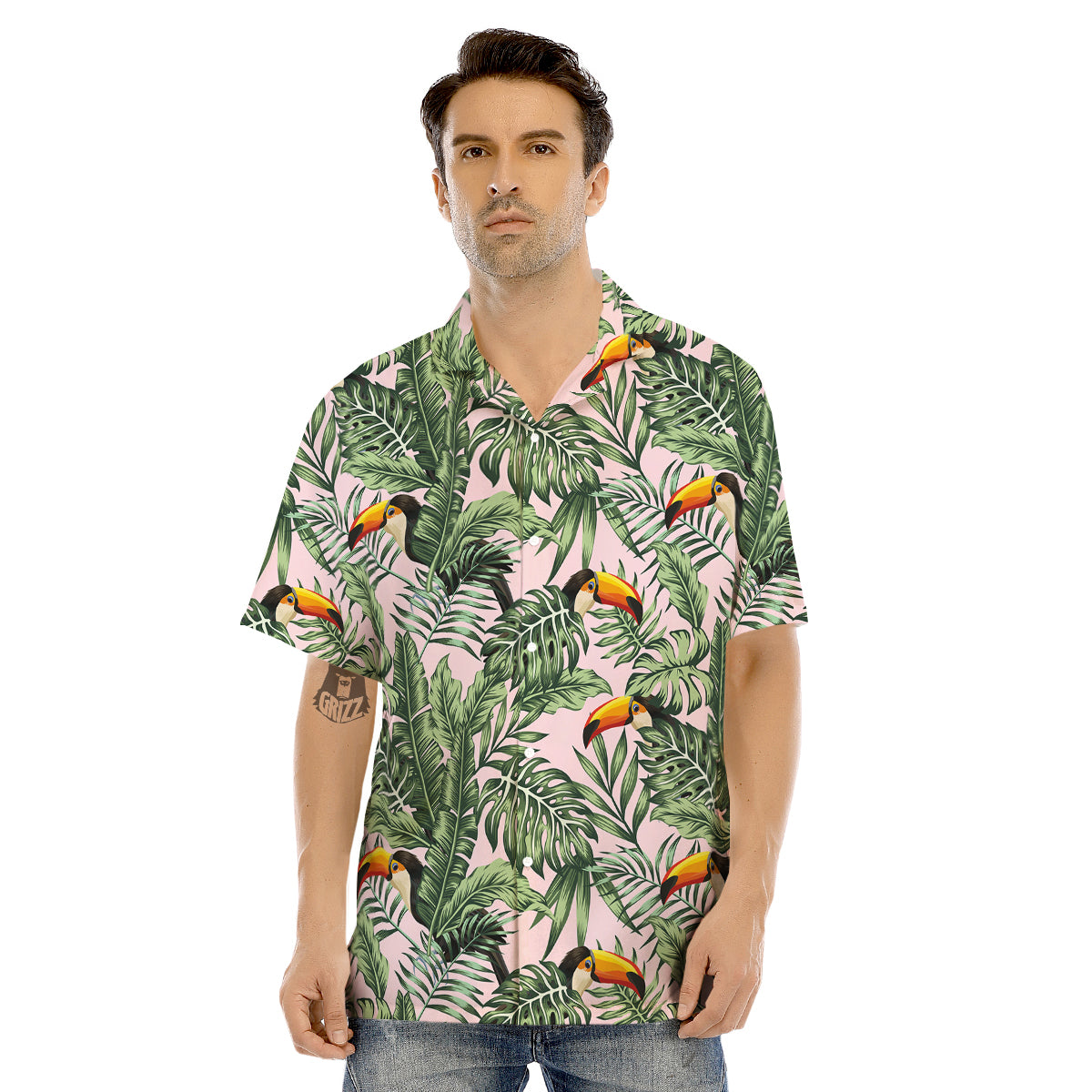 Toucan And Tropical Palm Leaf Print Men's Hawaiian Shirt-grizzshop