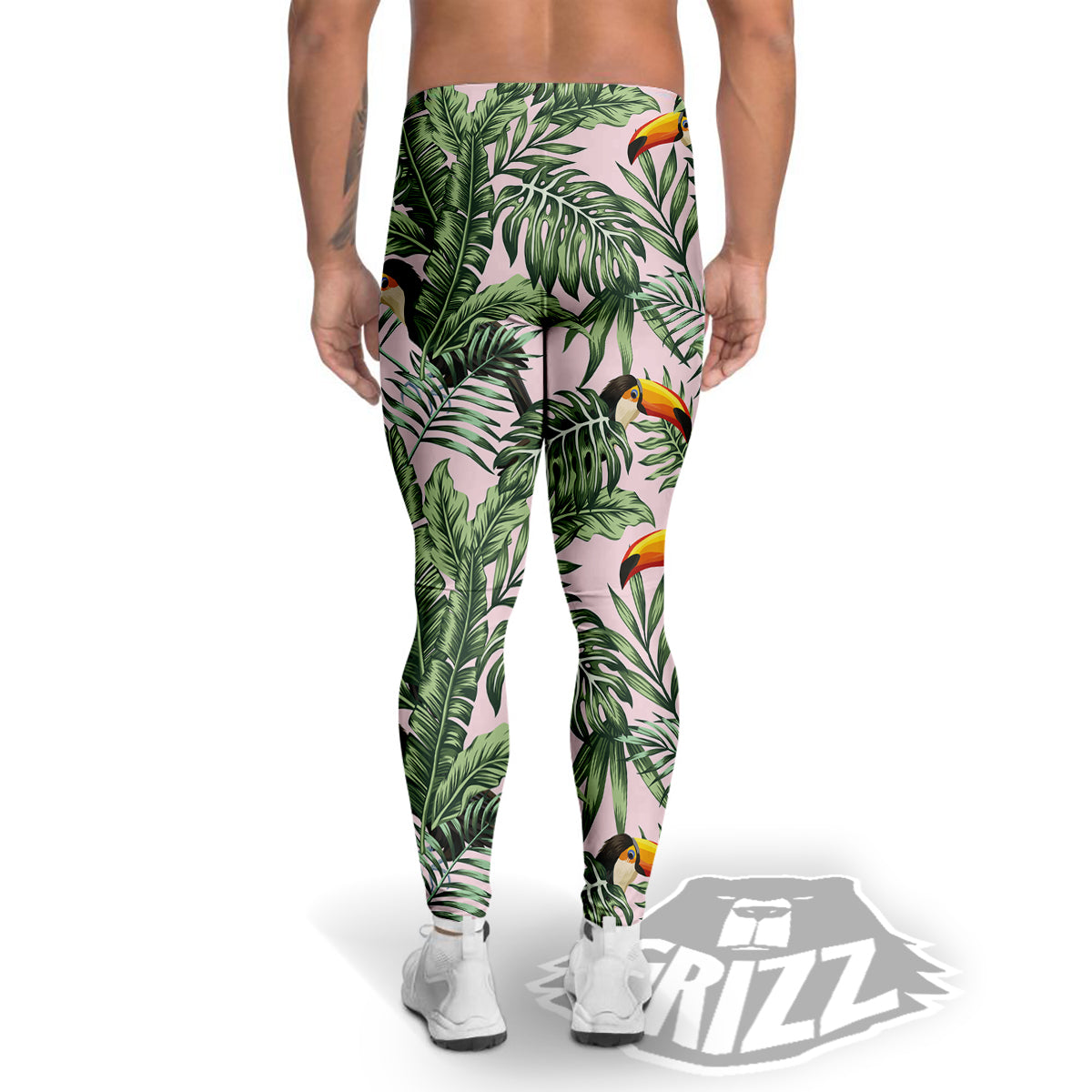 Toucan And Tropical Palm Leaf Print Men's Leggings-grizzshop