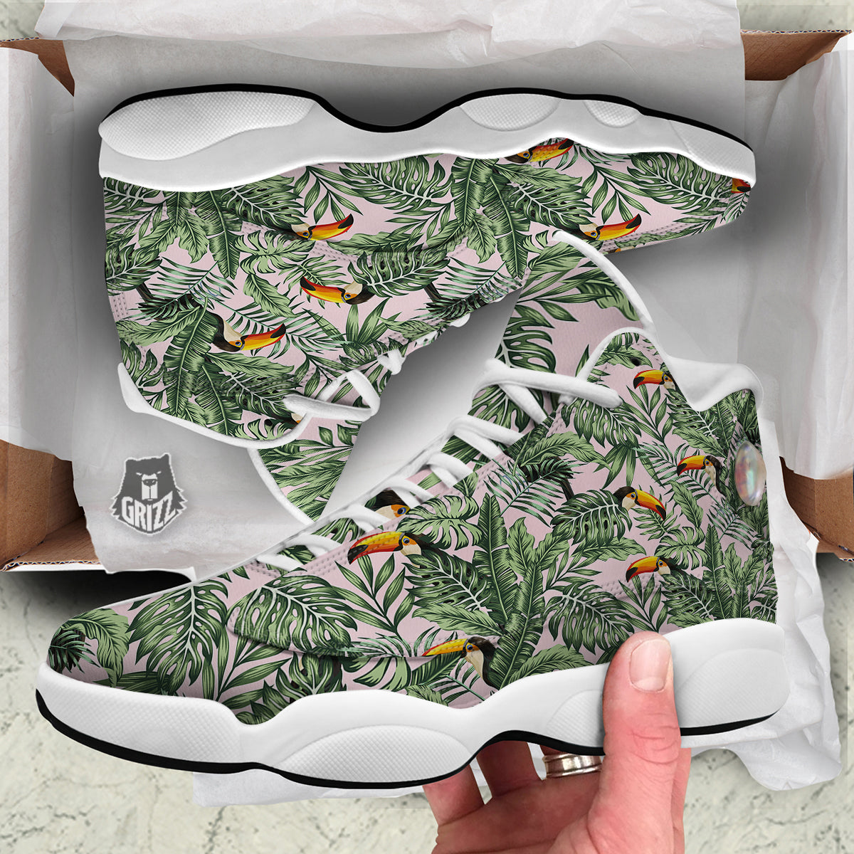 Toucan And Tropical Palm Leaf Print White Basketball Shoes-grizzshop