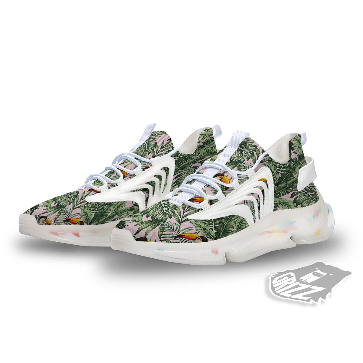 Toucan And Tropical Palm Leaf Print White Gym Shoes-grizzshop