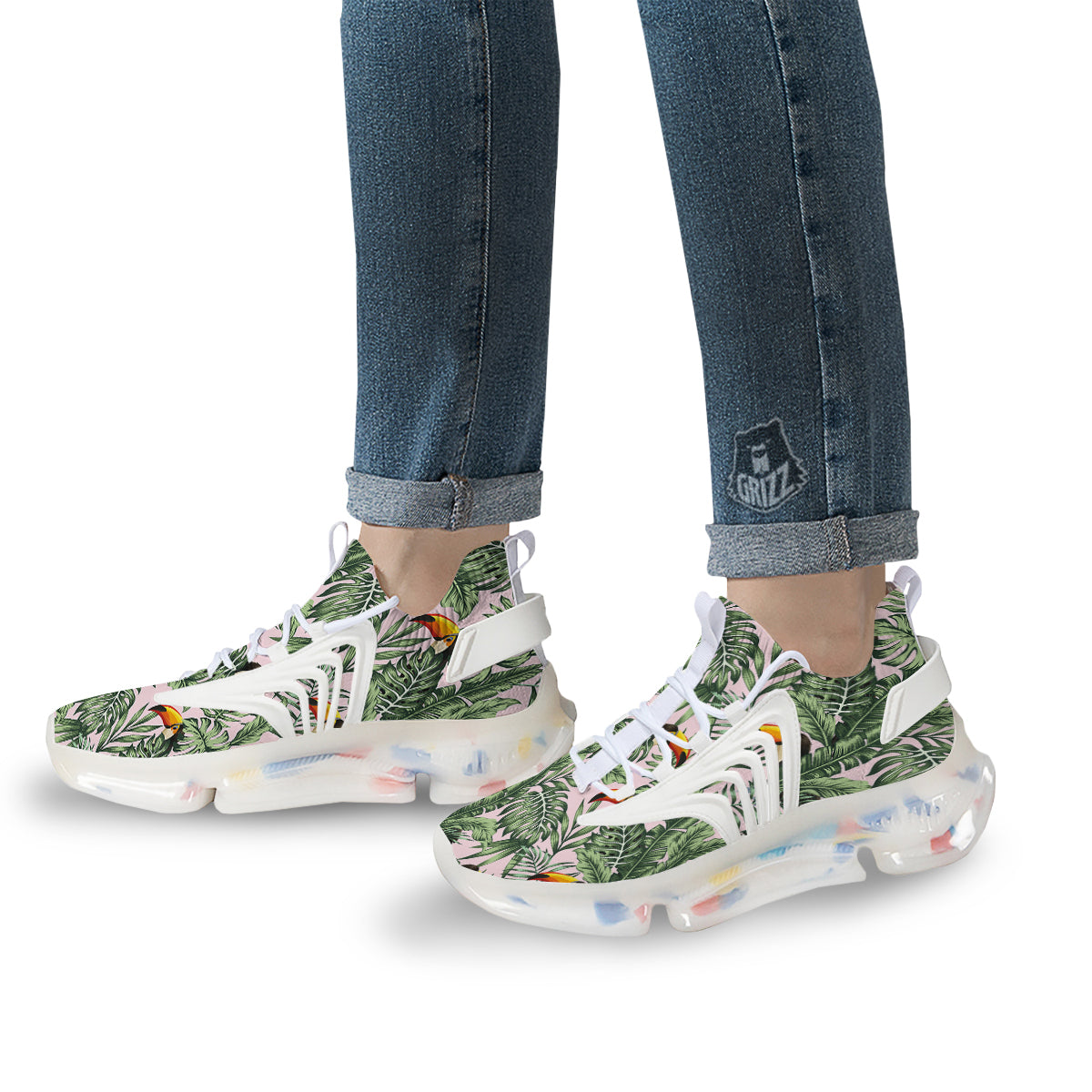 Toucan And Tropical Palm Leaf Print White Gym Shoes-grizzshop