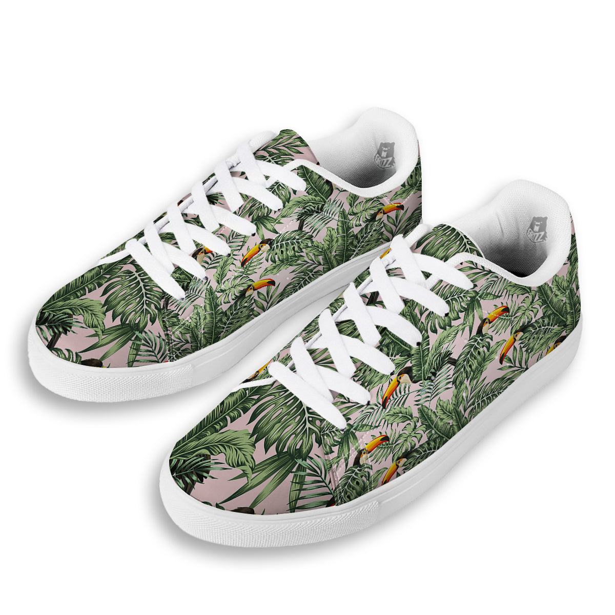 Toucan And Tropical Palm Leaf Print White Low Top Sneakers-grizzshop