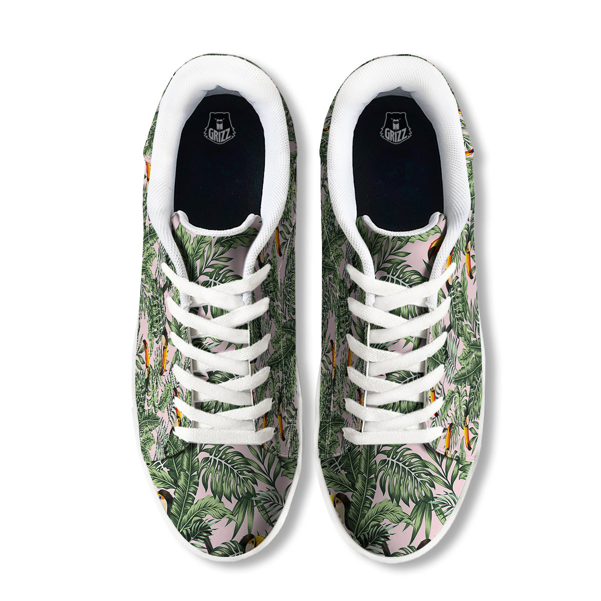 Toucan And Tropical Palm Leaf Print White Low Top Sneakers-grizzshop