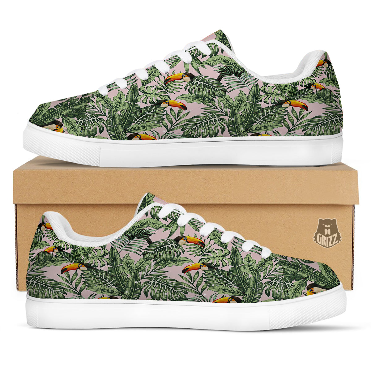 Toucan And Tropical Palm Leaf Print White Low Top Sneakers-grizzshop