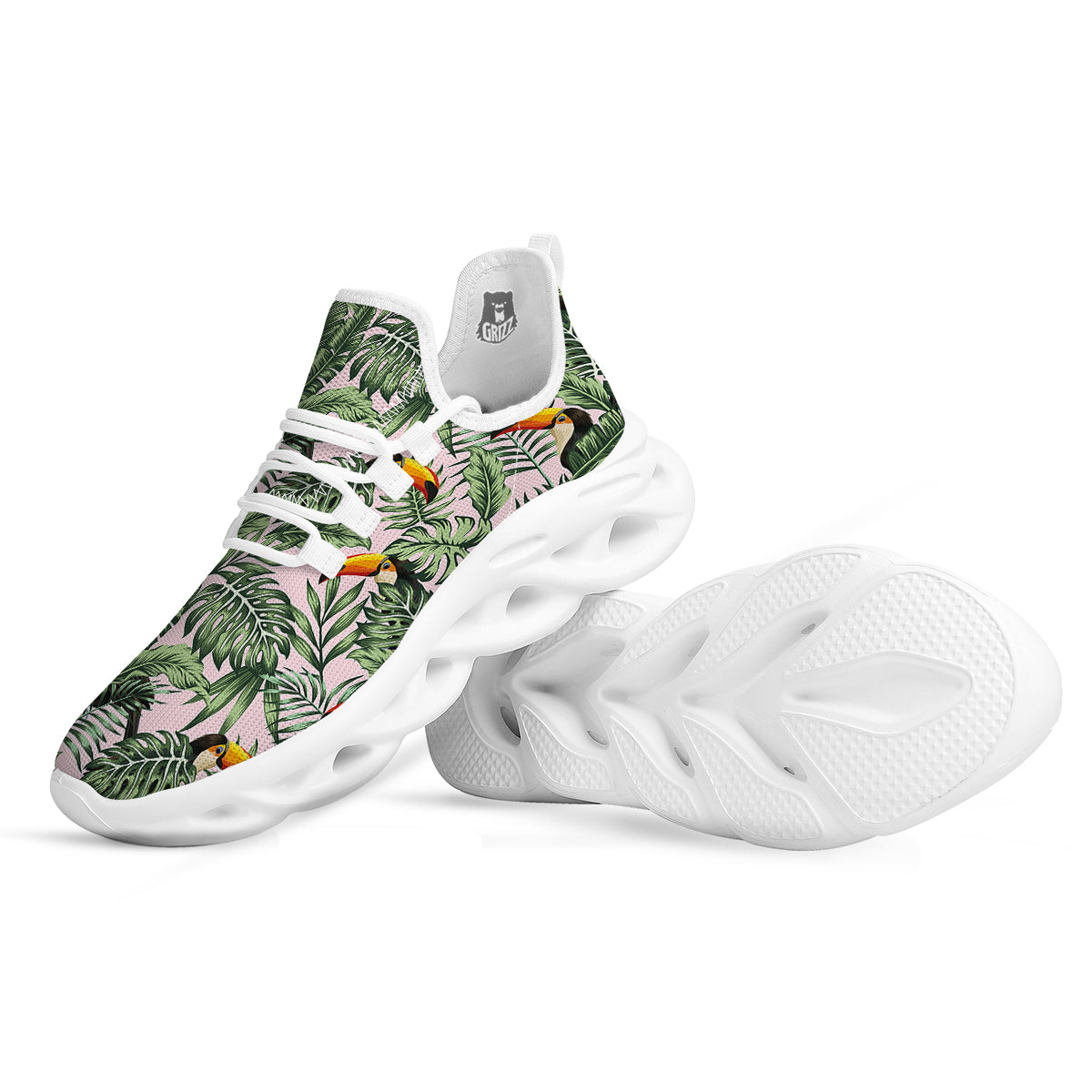 Toucan And Tropical Palm Leaf Print White Running Shoes-grizzshop