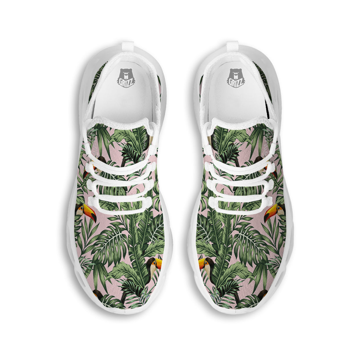 Toucan And Tropical Palm Leaf Print White Running Shoes-grizzshop