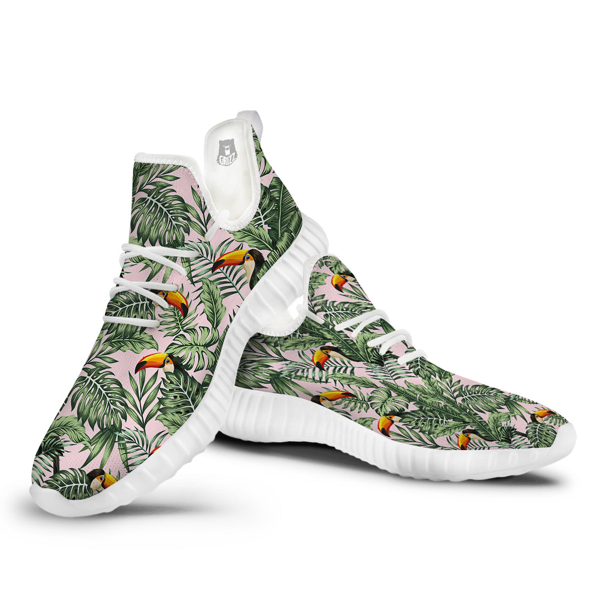 Toucan And Tropical Palm Leaf Print White Walking Shoes-grizzshop