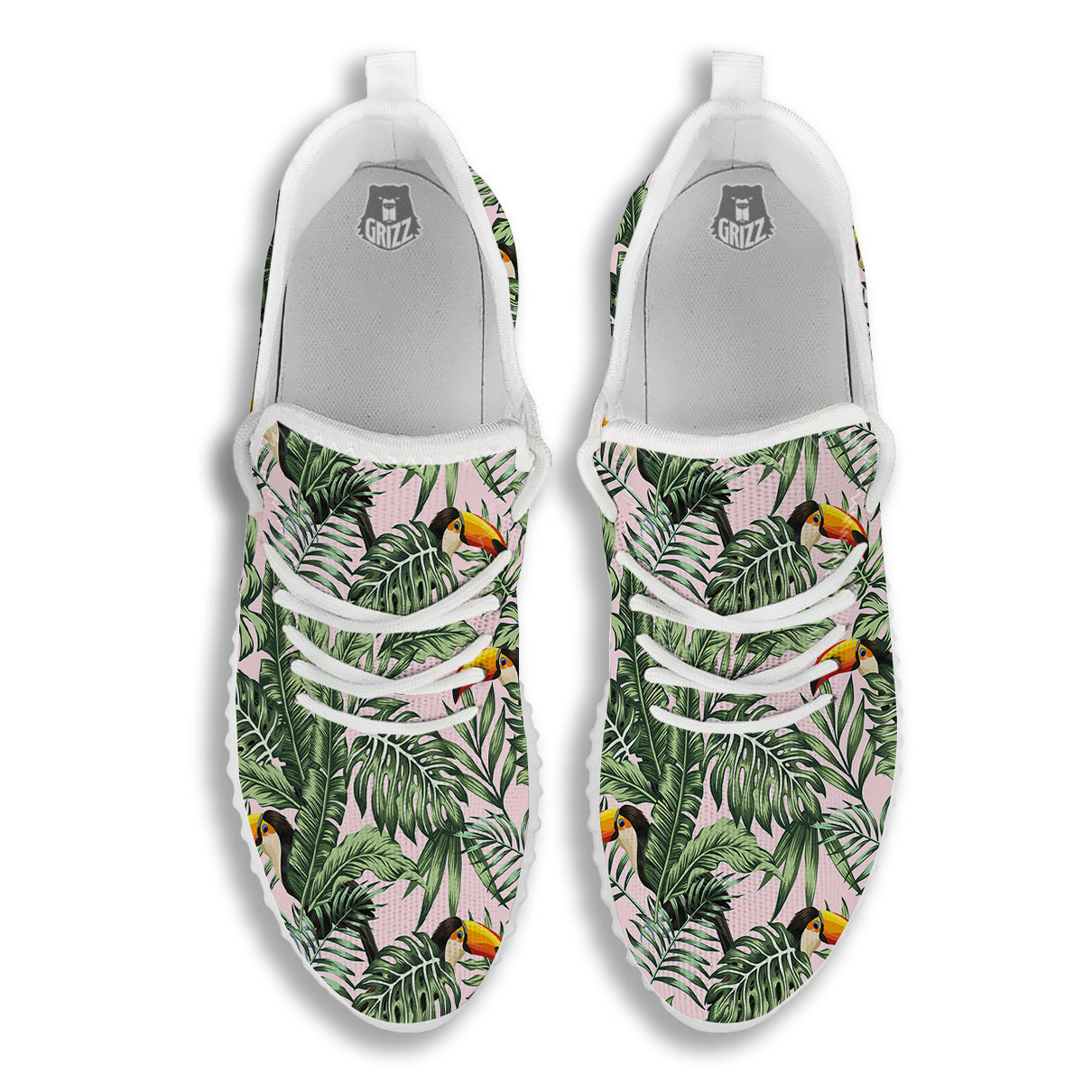 Toucan And Tropical Palm Leaf Print White Walking Shoes-grizzshop