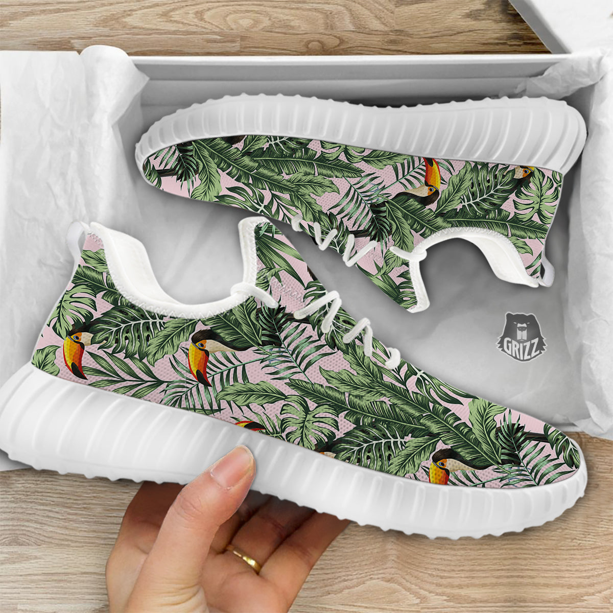 Toucan And Tropical Palm Leaf Print White Walking Shoes-grizzshop