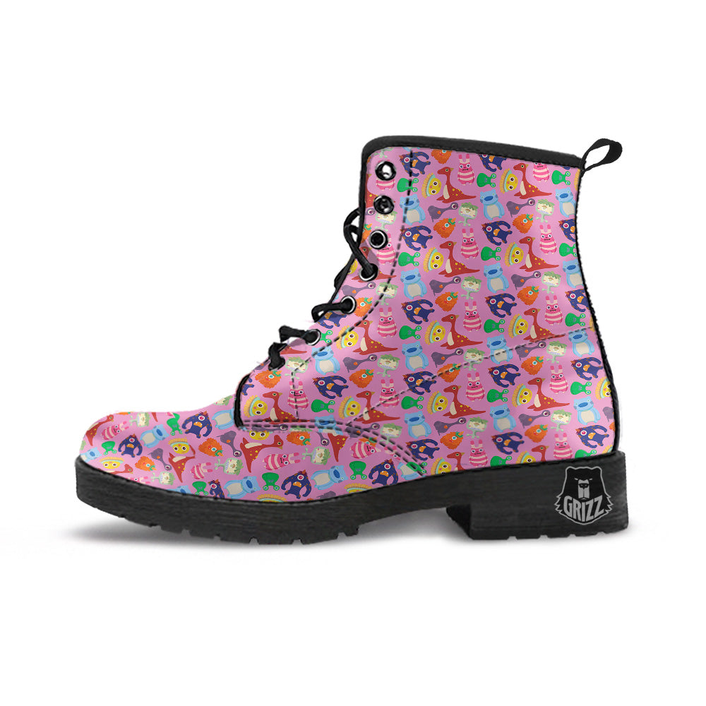 Toy Monster Cute Pink Print Pattern Leather Boots-grizzshop