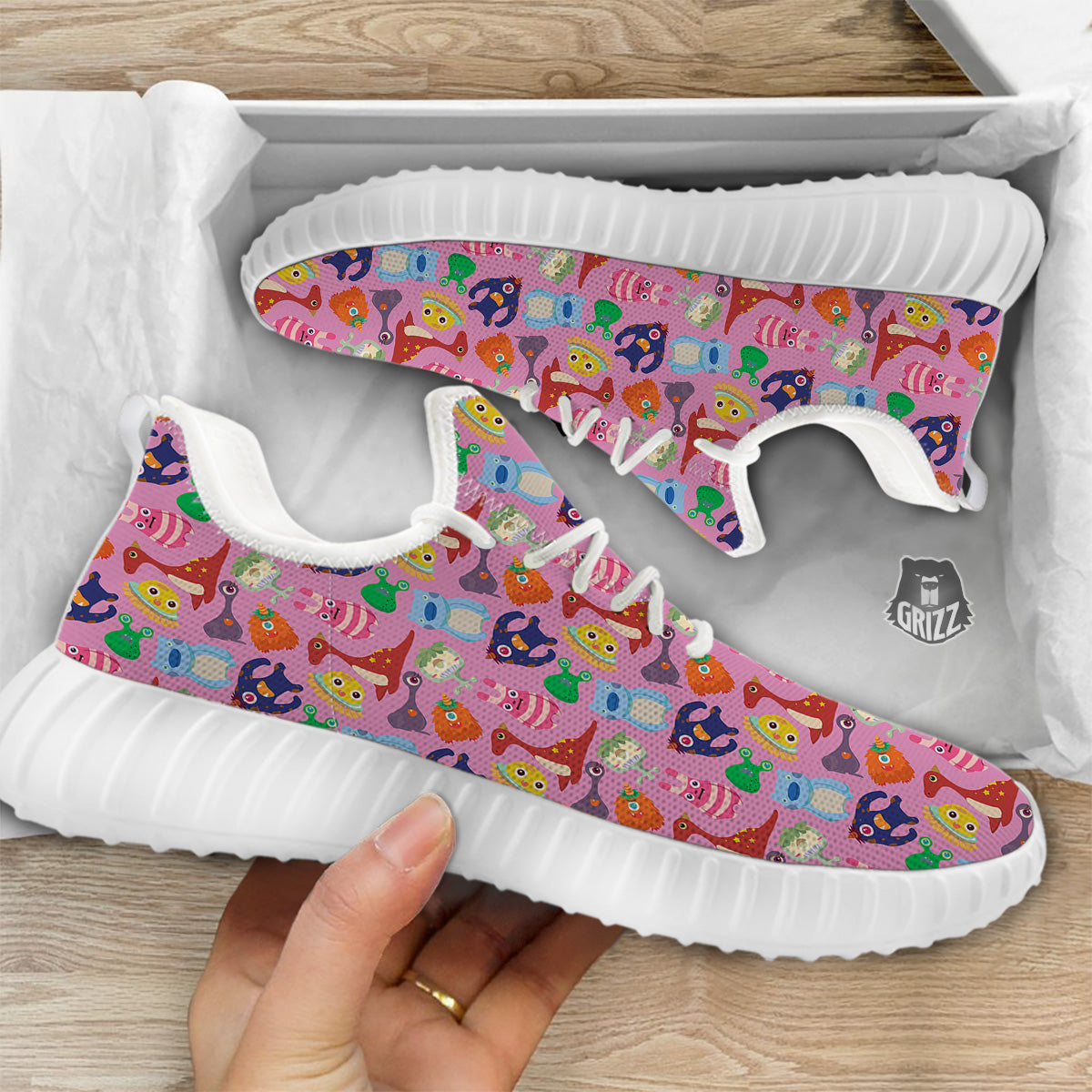 Toy Monster Cute Pink Print Pattern White Walking Shoes-grizzshop