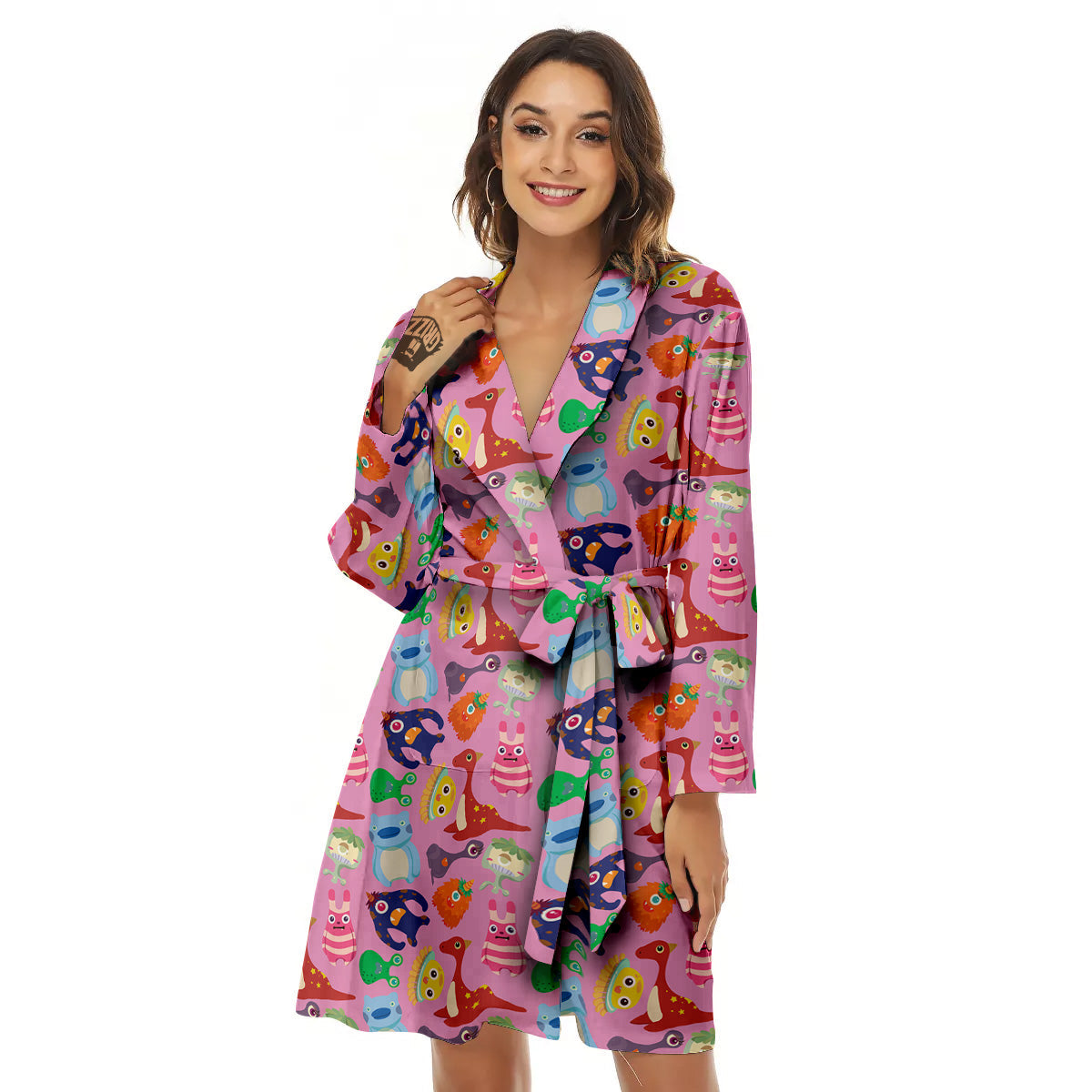 Toy Monster Cute Pink Print Pattern Women's Robe-grizzshop