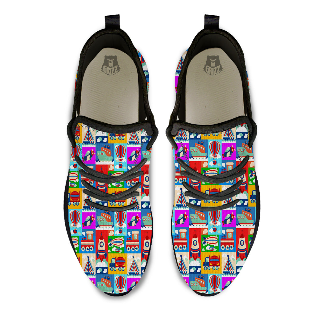 Toy Transport Cartoon Colorful Print Pattern Black Athletic Shoes-grizzshop