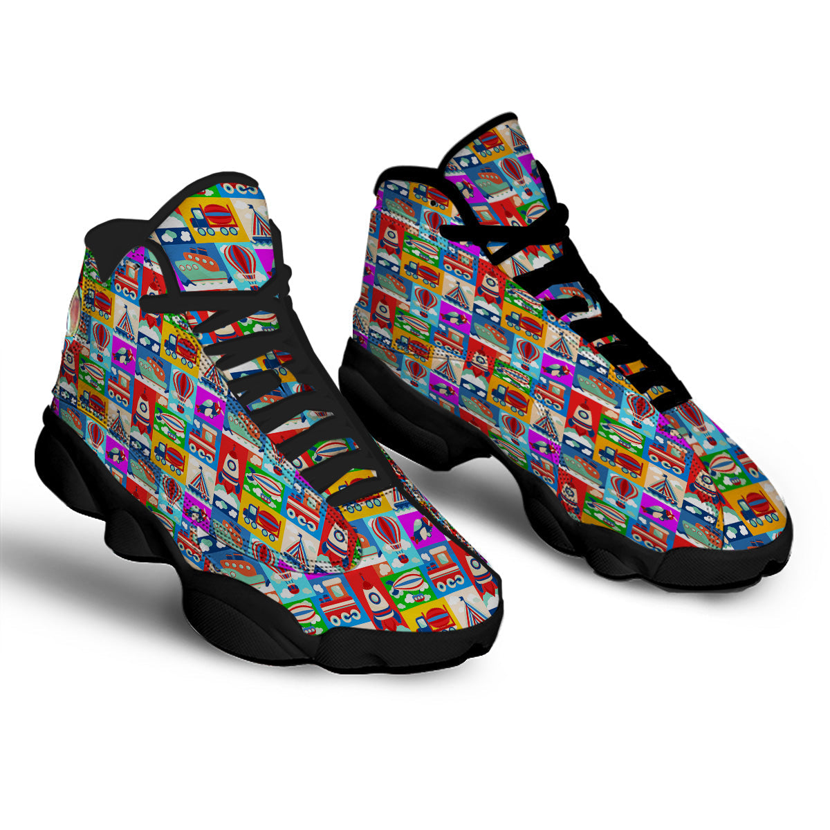 Toy Transport Cartoon Colorful Print Pattern Black Basketball Shoes-grizzshop