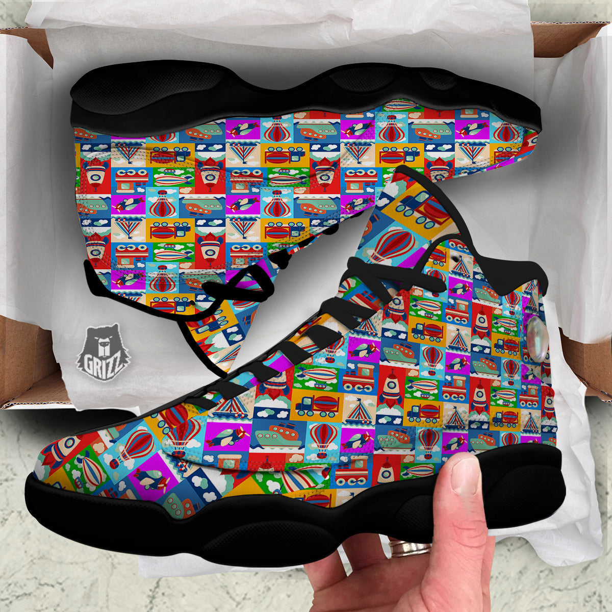 Toy Transport Cartoon Colorful Print Pattern Black Basketball Shoes-grizzshop