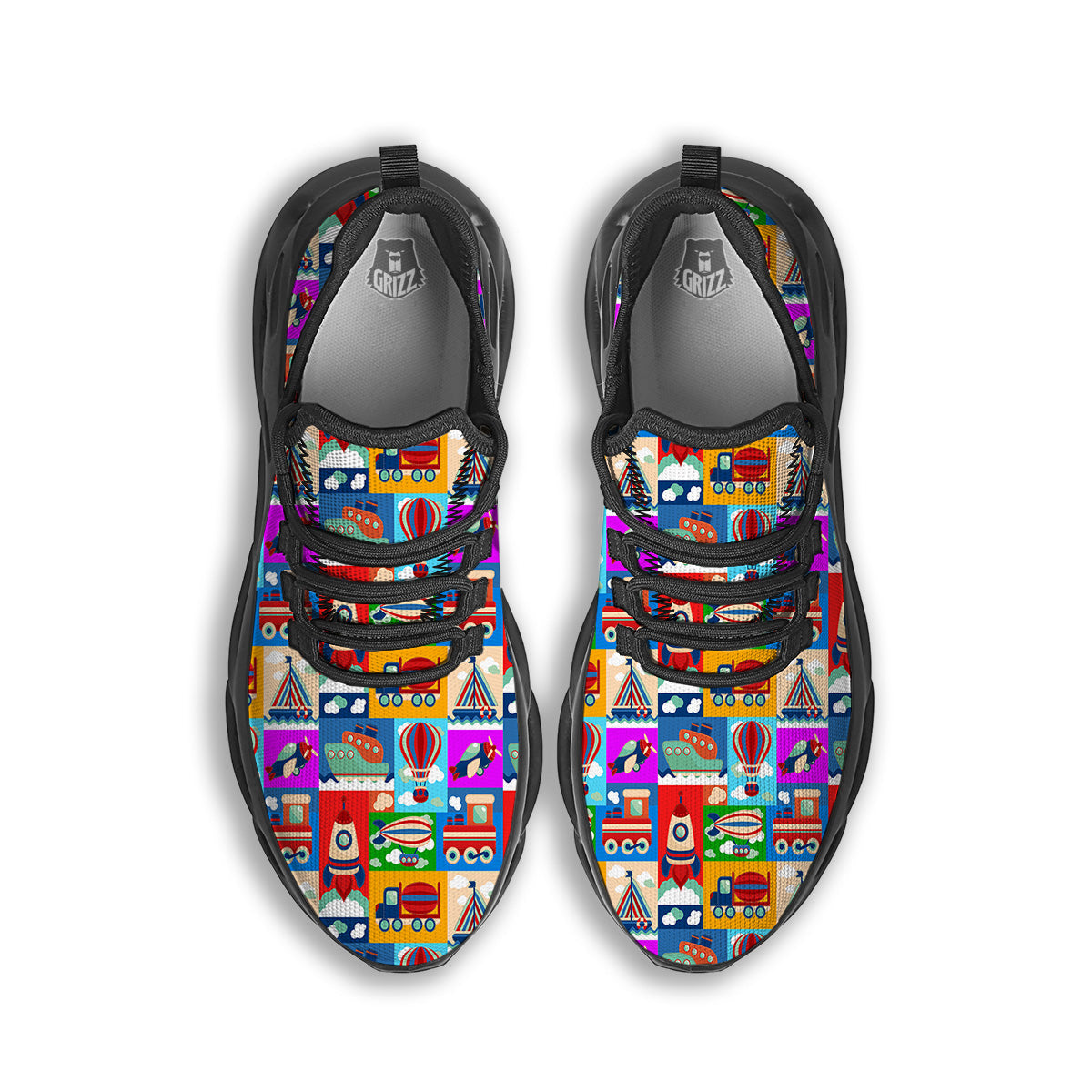 Toy Transport Cartoon Colorful Print Pattern Black Running Shoes-grizzshop