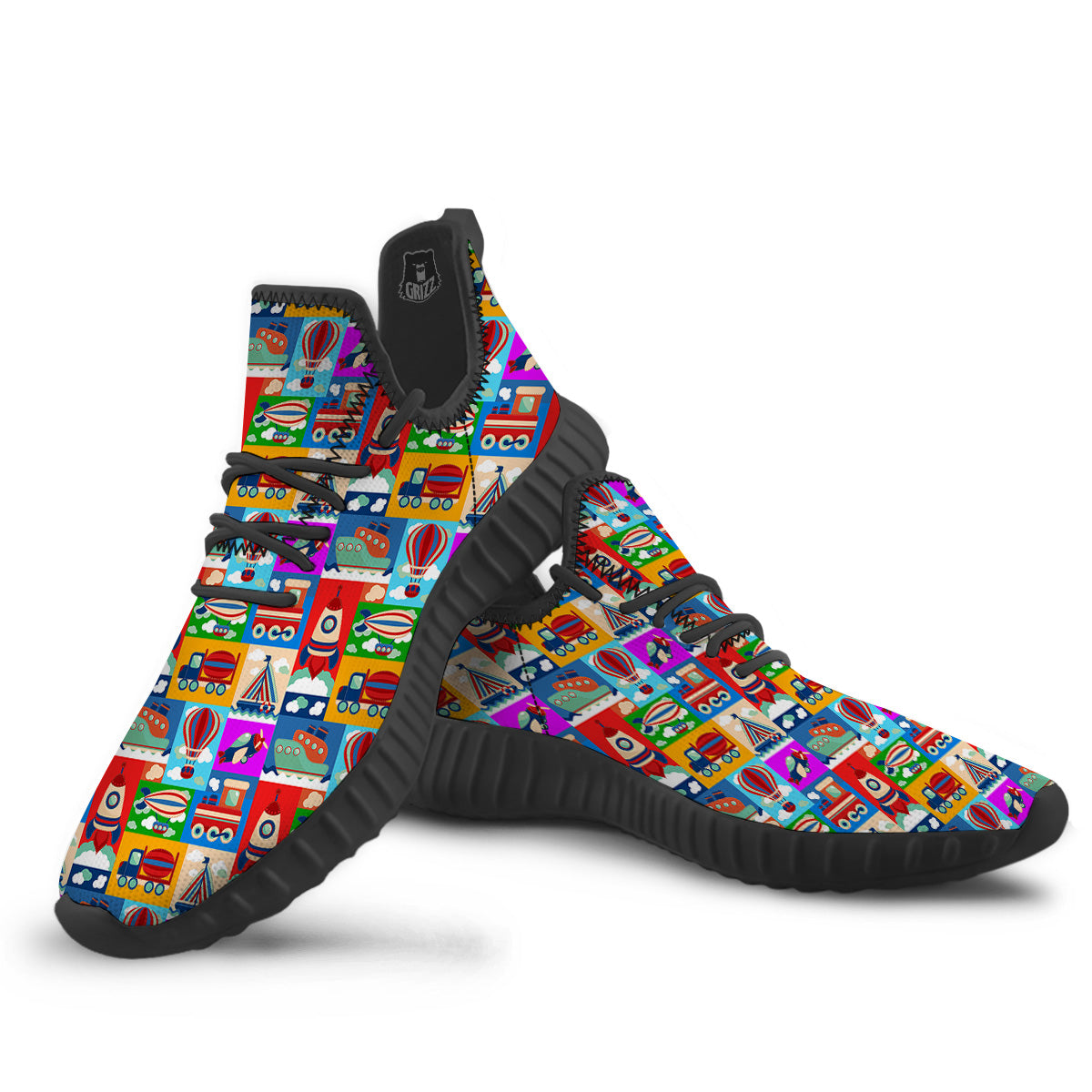 Toy Transport Cartoon Colorful Print Pattern Black Walking Shoes-grizzshop