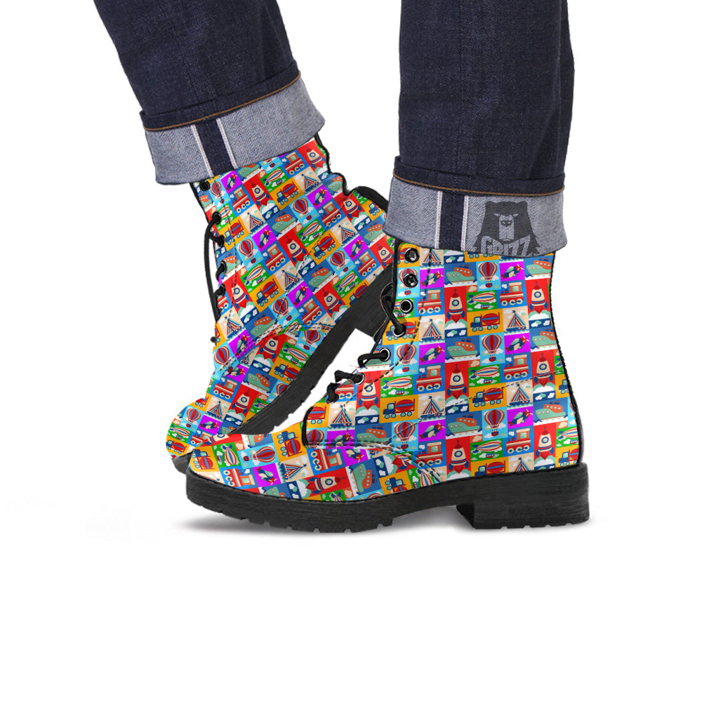 Toy Transport Cartoon Colorful Print Pattern Leather Boots-grizzshop