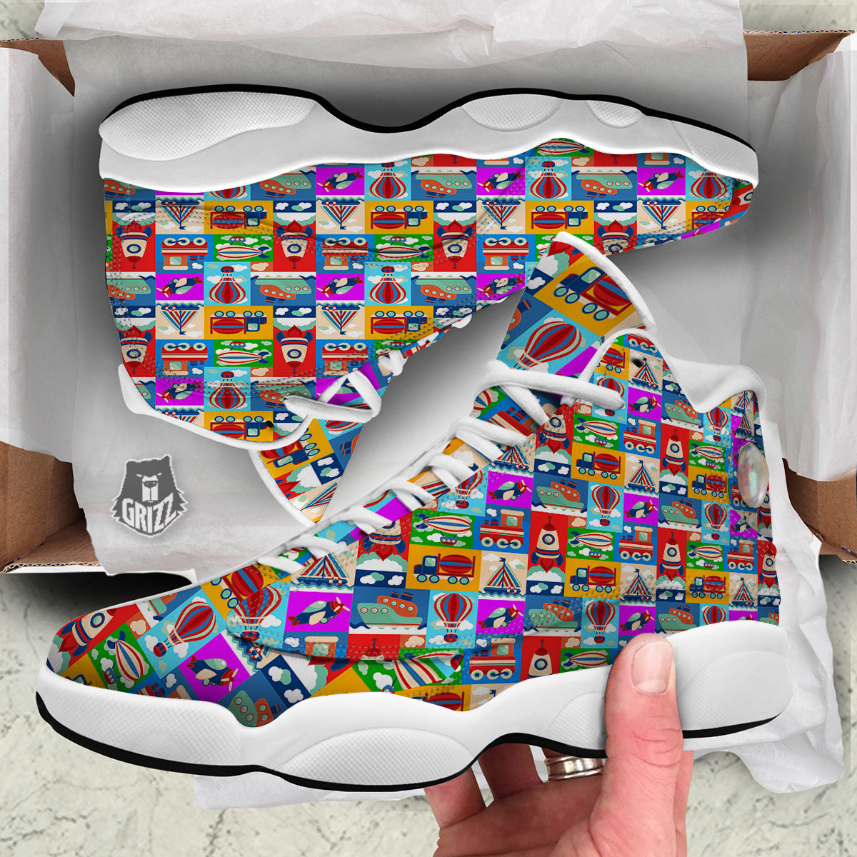 Toy Transport Cartoon Colorful Print Pattern White Basketball Shoes-grizzshop