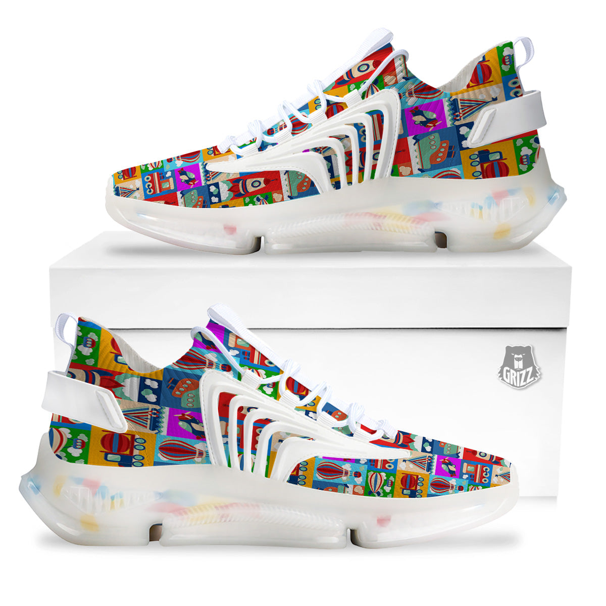 Toy Transport Cartoon Colorful Print Pattern White Gym Shoes-grizzshop