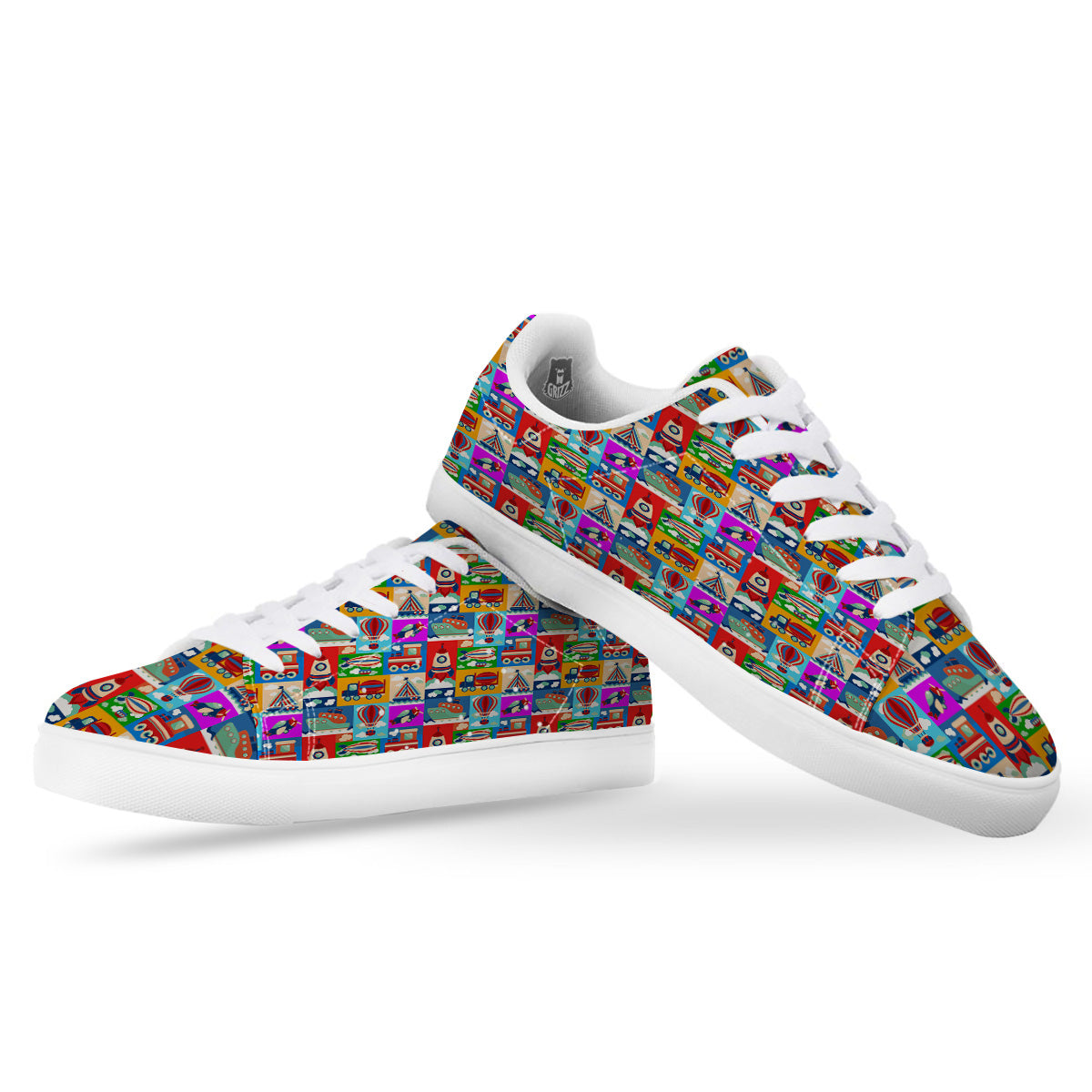 Toy Transport Cartoon Colorful Print Pattern White Low Top Sneakers-grizzshop