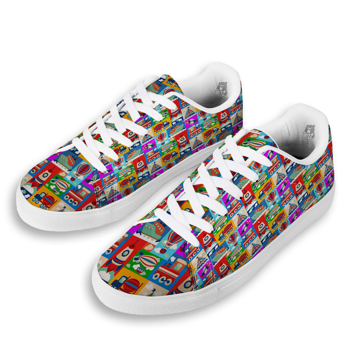 Toy Transport Cartoon Colorful Print Pattern White Low Top Sneakers-grizzshop