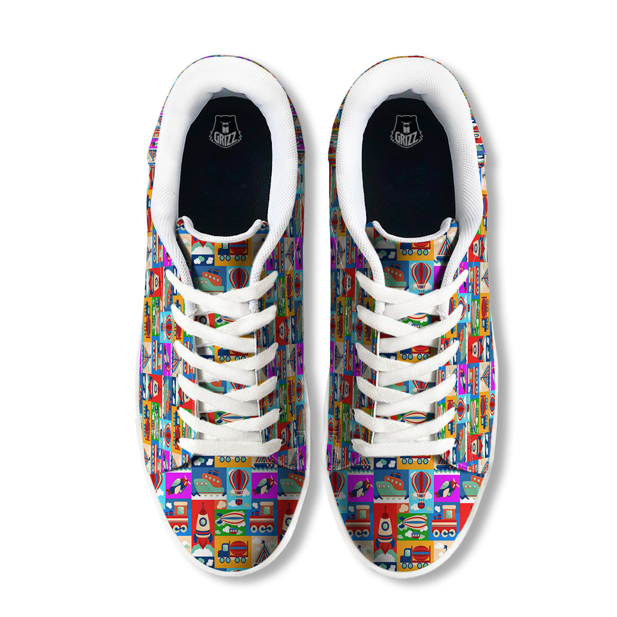 Toy Transport Cartoon Colorful Print Pattern White Low Top Sneakers-grizzshop