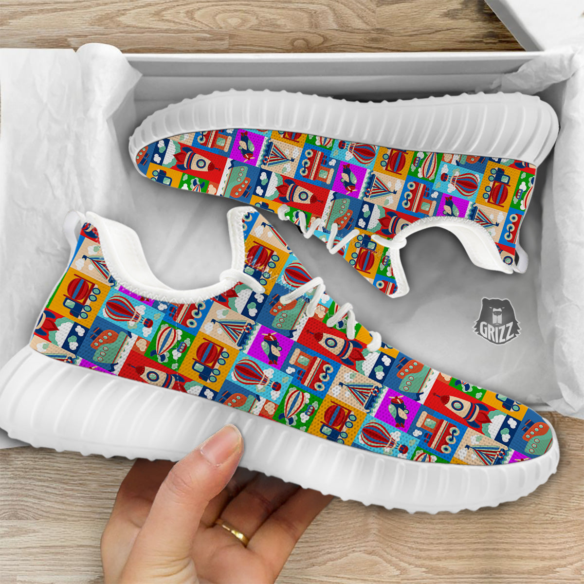 Toy Transport Cartoon Colorful Print Pattern White Walking Shoes-grizzshop