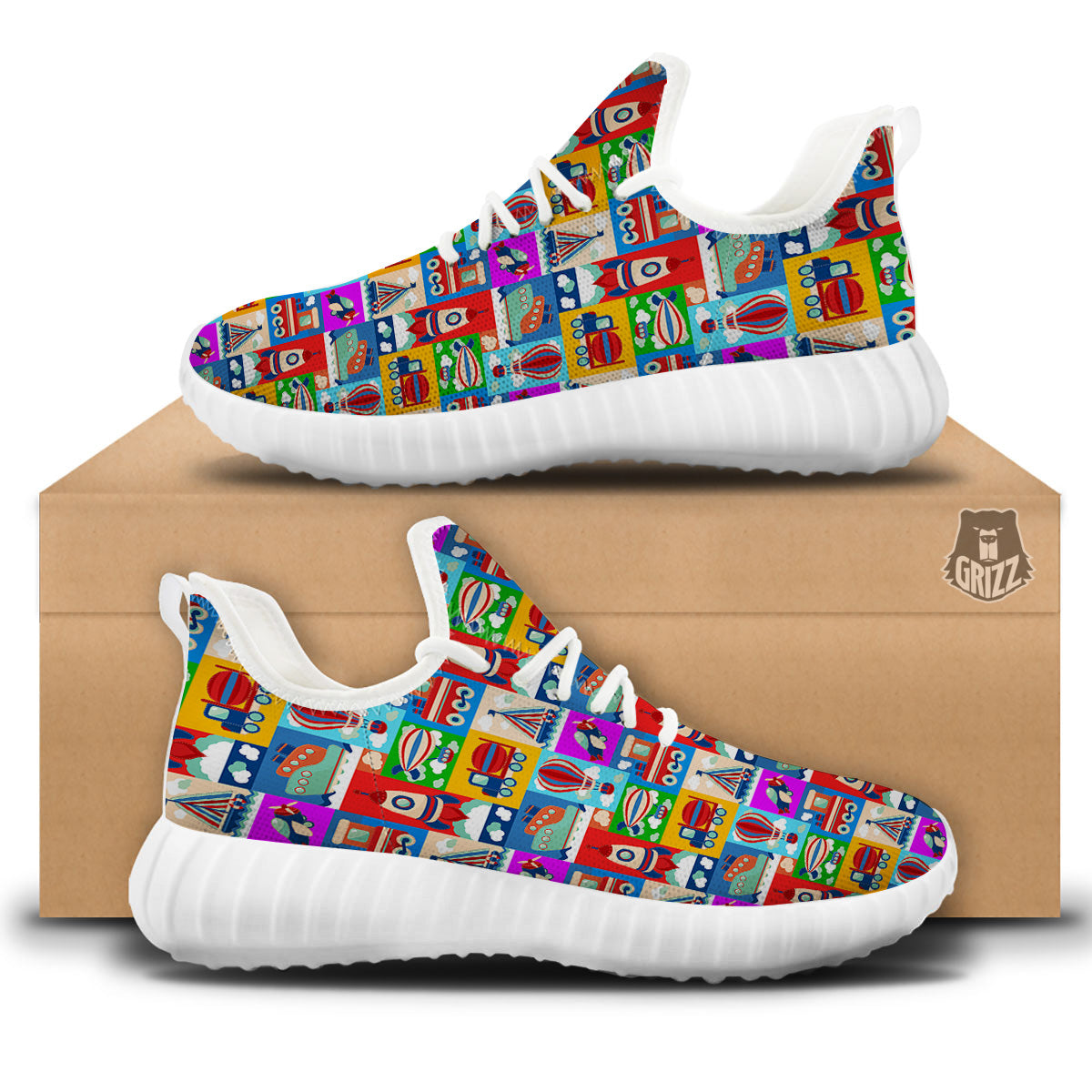 Toy Transport Cartoon Colorful Print Pattern White Walking Shoes-grizzshop