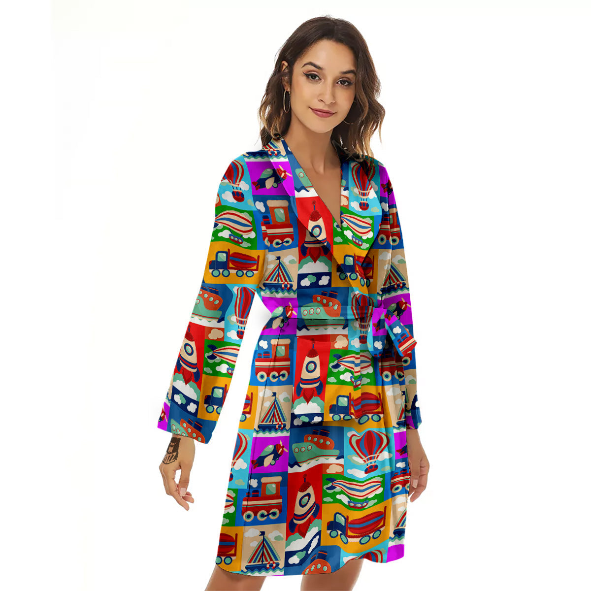 Toy Transport Cartoon Colorful Print Pattern Women's Robe-grizzshop